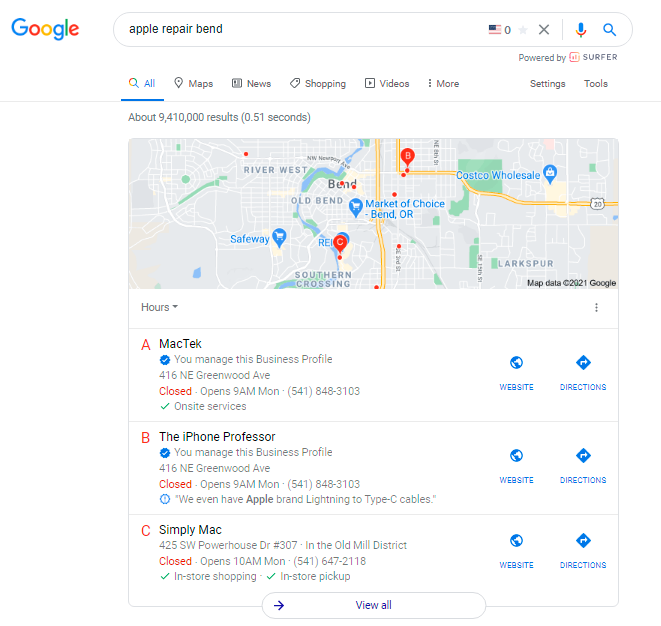 Google Business Profile Google Maps Search Results Example. Search term 'apple repair bend'