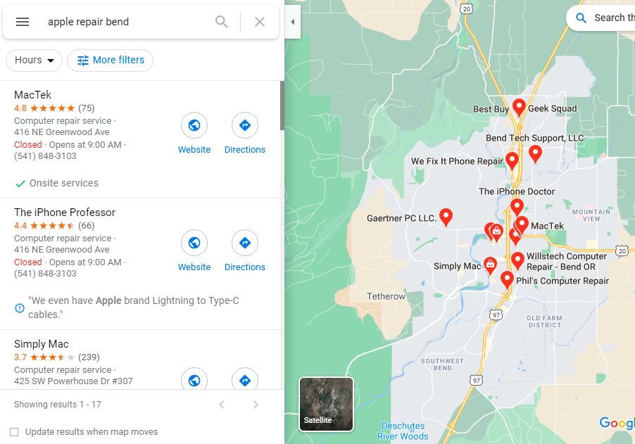 Google Business Profile Google Maps Search Results Example. Search term 'apple repair bend'