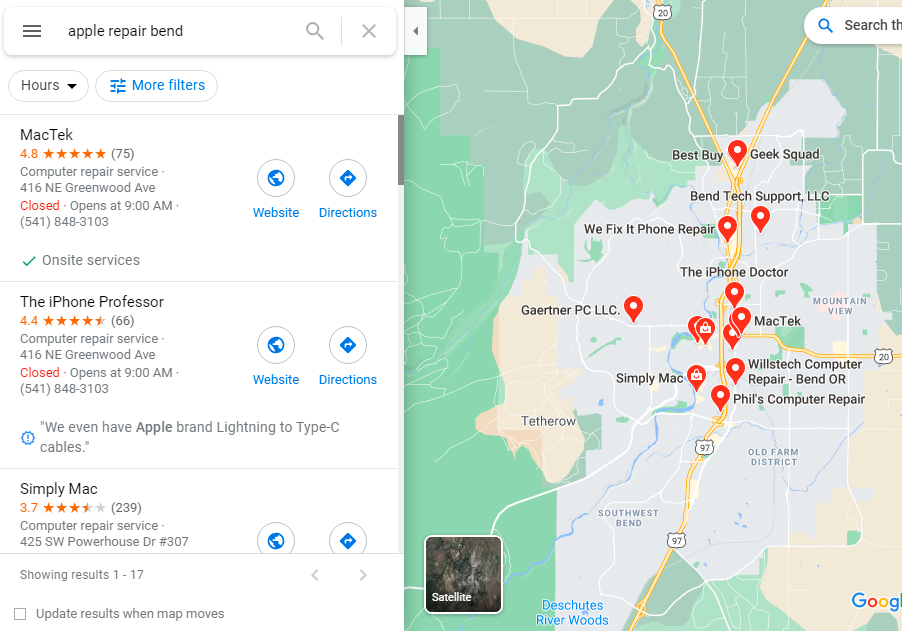 Google Maps Search Results after GMB Optimizations from Tinkerlytics