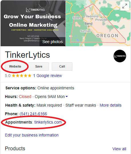 Screenshot of google search google my business profile for tinkerlytics showing options for website and appointment link opportunity.