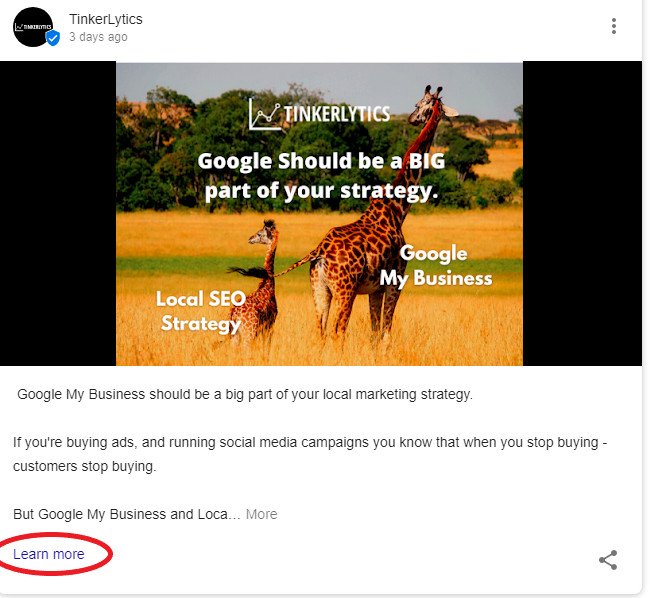 Screenshot of Google My Business post showing the learn more link for utm tagging opportunity