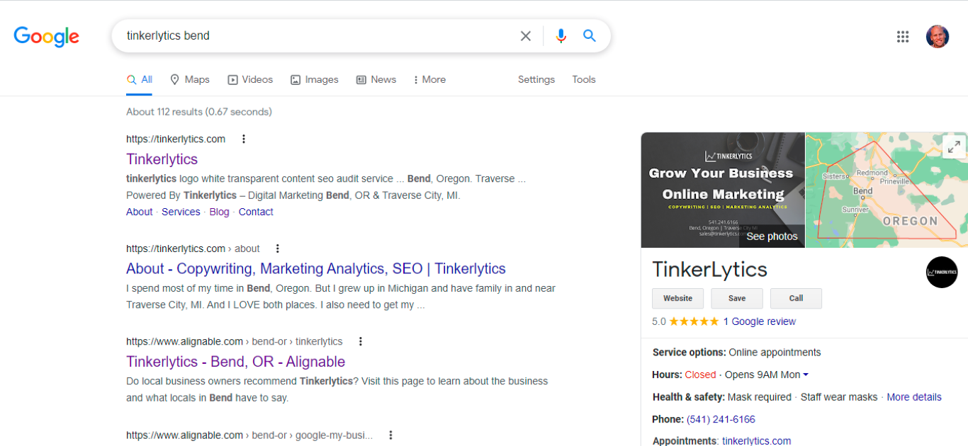 screenshot of a google search for tinkerlytics in Bend