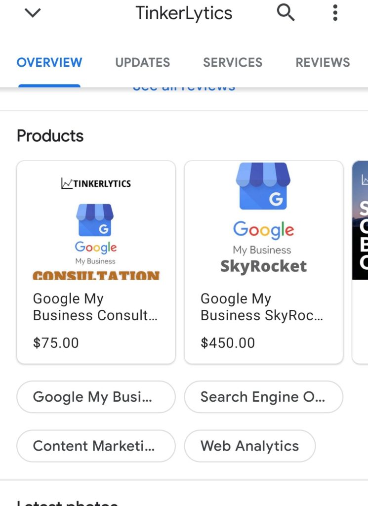 mobile screenshot of products on google my business for tinkerlytics