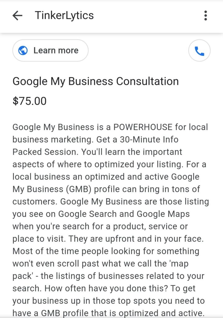 screenshot of products on google my business from a mobile phone