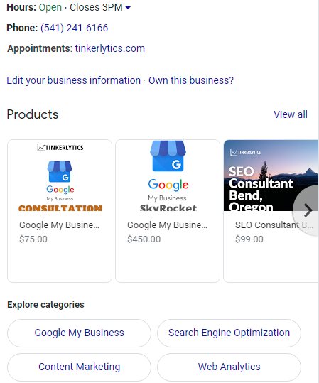 sceenshot of google my business products on desktop for tinkerlytics