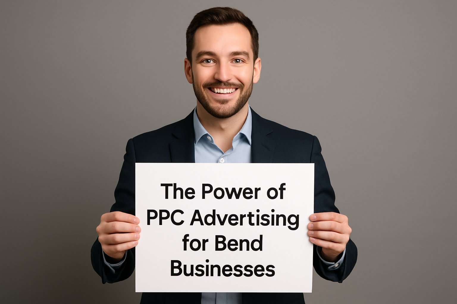 I created this image with AI. It's come a LONG way. It's of a man holding a sign saying The power of PPC Advertising for Bend Businesses. It only took 5 tries for it to get the spelling right.